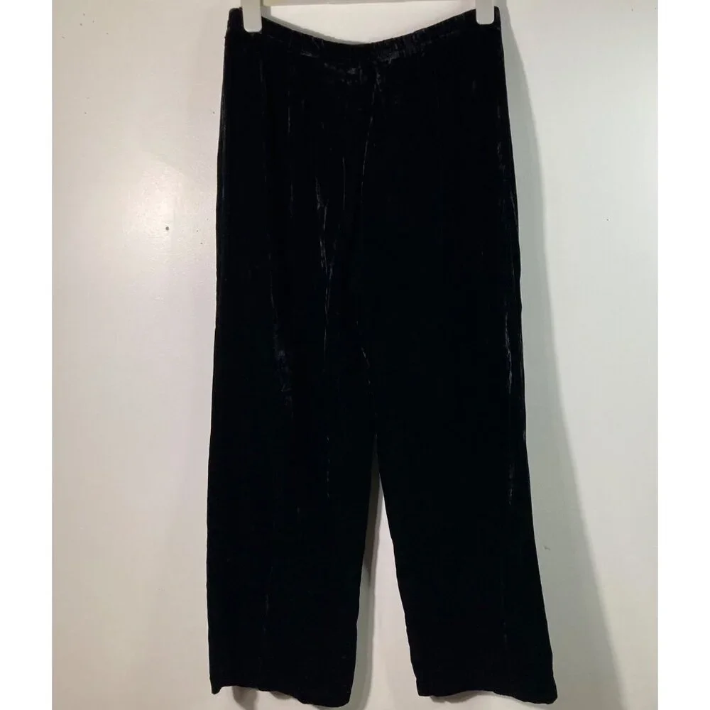 Womens Vintage J Jill Velvet Wide Leg Pants L Black‎ Rayon Side Zip